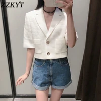 zzkyt 2021 women summer vintage single breasted tweed short jacket coat fashion pockets outerwear casual tops chaqueta mujer