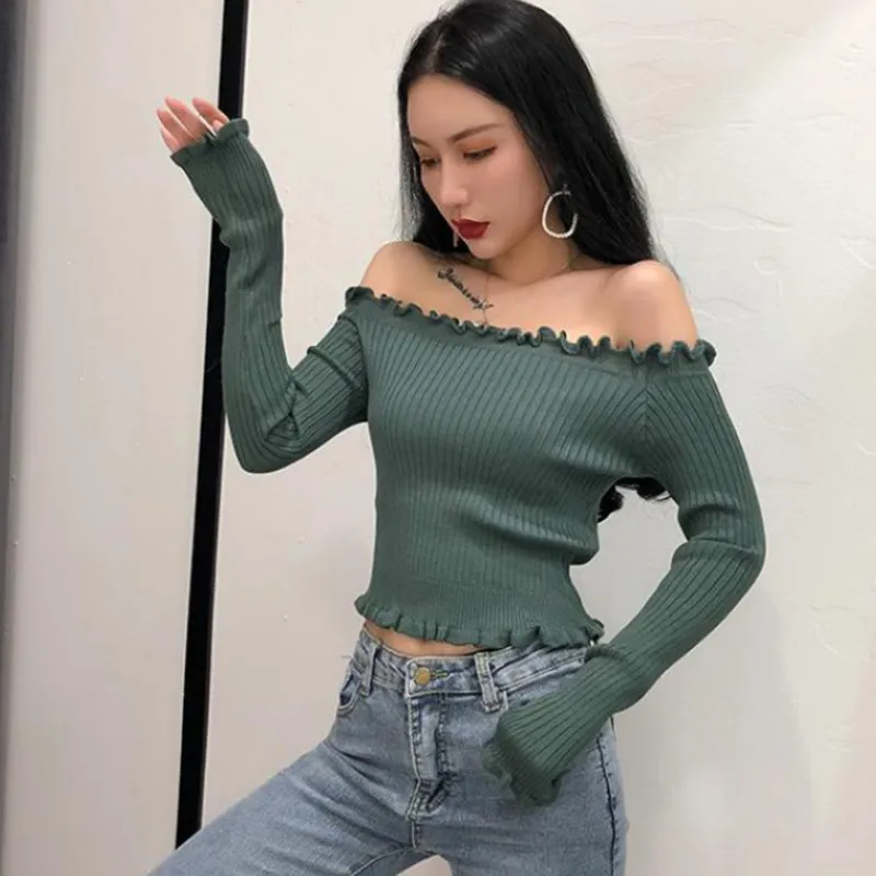 Новые корейские свитера Женский вязаный топ с вырезом лодочкой и открытыми