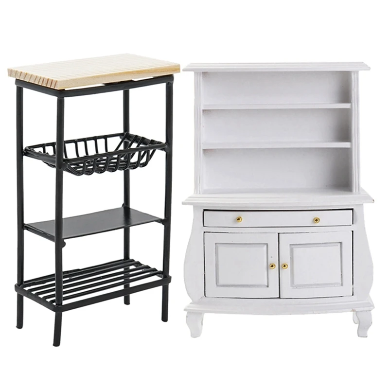 

1:12 Dollhouse Miniature Wood Display Cupboard Cabinet White & 1:12 Miniature Metal Wood Side Cabinet Display Shelf