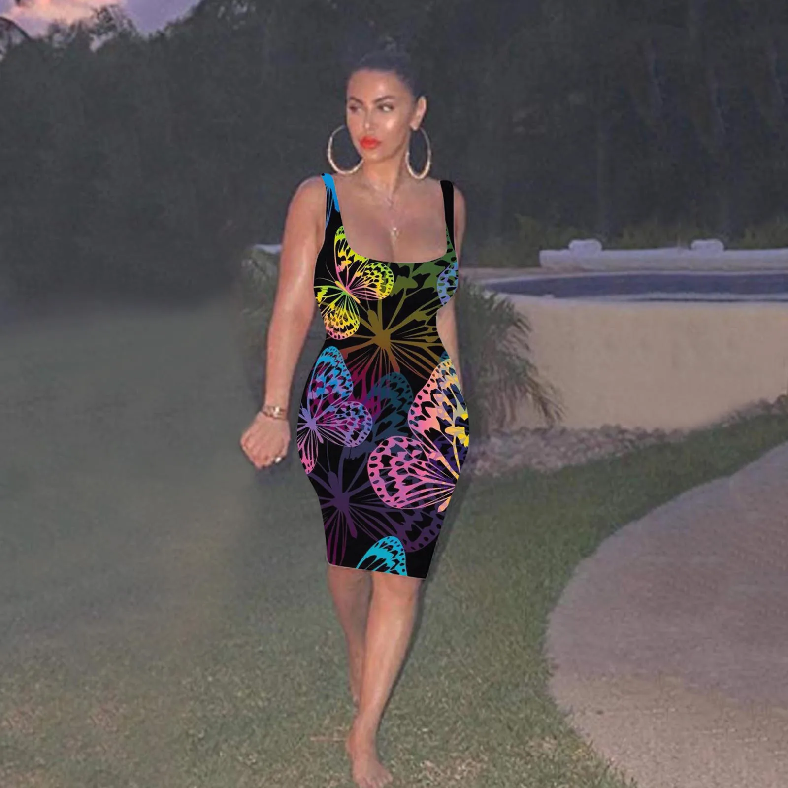 Sexy Dresses For Women 2021 Fashion Print O-Neck Tank Party Dress Ladies Summer Sleeveless Midi Skirt Dress vestido de mujer