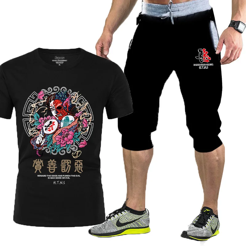 

2021 summer popular new men's T-shirt + sports shorts suit suit personality fashion printing advanced sports running suit