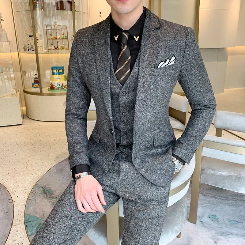 Классический мужской костюм из 3 предметов темно серый синий Модный Клетчатый