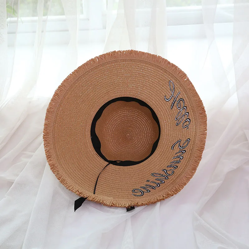 

Handmade Weave letter Sun Hats For Women Black Ribbon Lace Up Large Brim Straw Hat Outdoor Beach Summer Caps Chapeu Feminino