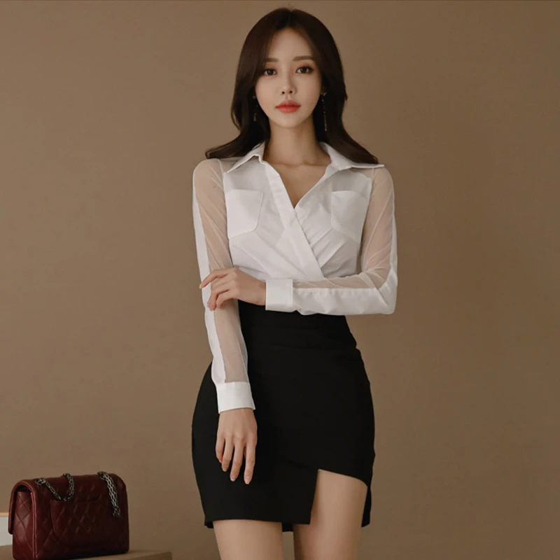 Office Ladies Women 2 Pieces Suits Mesh Patchwork White Shirt Top & Irregular Sheath Bodycon Short Skirt Work Wear Set 2020 | Женская