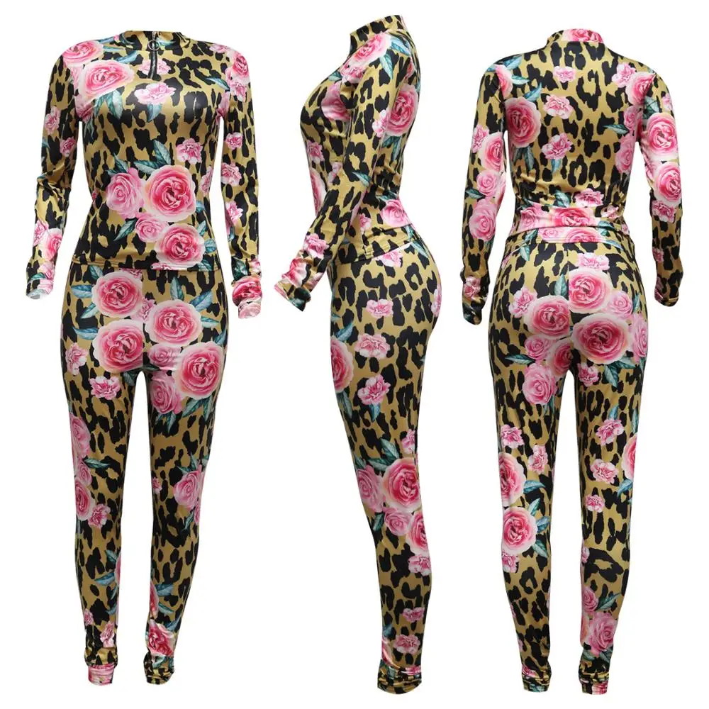 

Fall 2020 new pattern print sport 2-piece slim fit o-neck long sleeve T-shirt and pants women's set