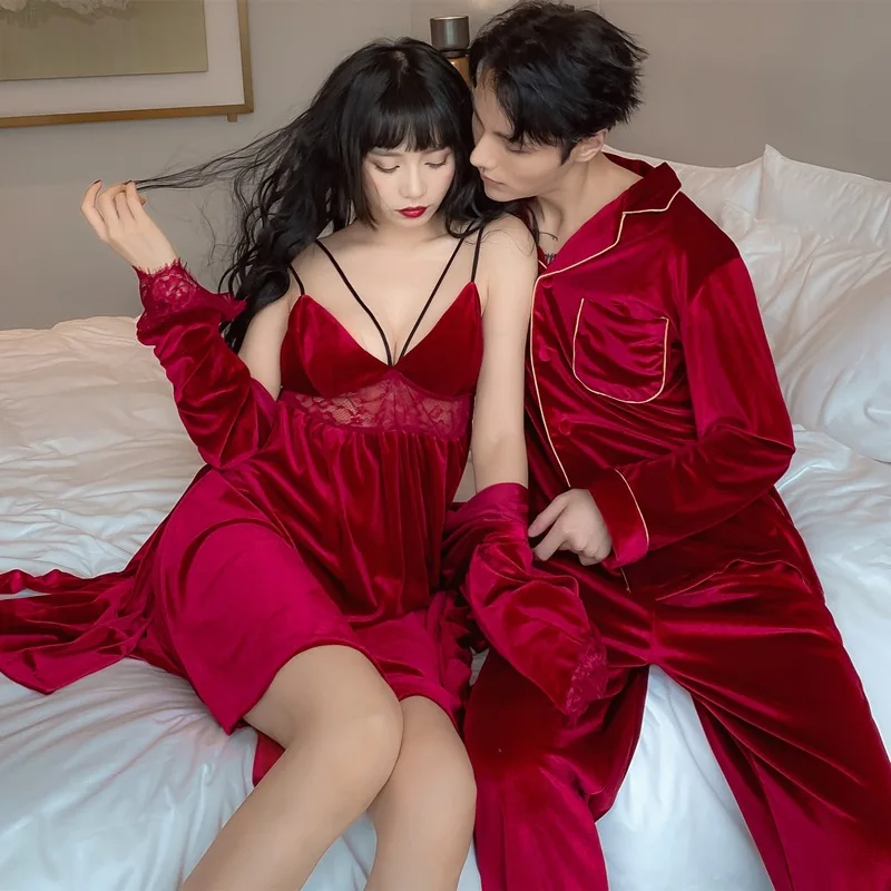 

FZSLCYIYI осенне-зимняя ночная рубашка с длинным рукавом Золотая Бархатная Пижама для пар Женская ночная рубашка на бретелях Мужская рубашка бр...