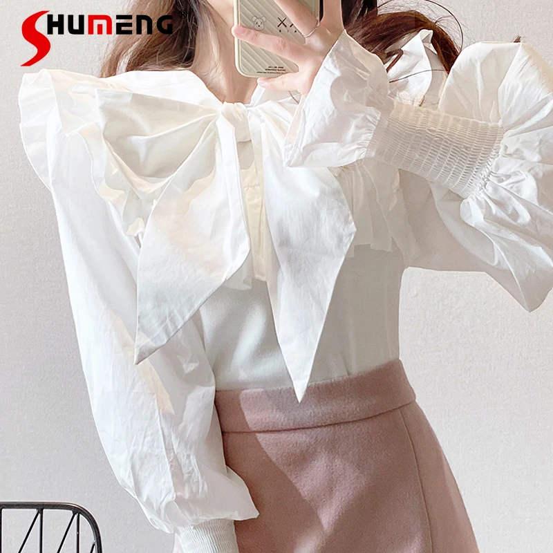 

Белая вязаная блузка с вышивкой и бантом, Женская осенне-зимняя блузка, новинка 2021, женские блузки с длинным рукавом и Расклешенным рукавом, ...