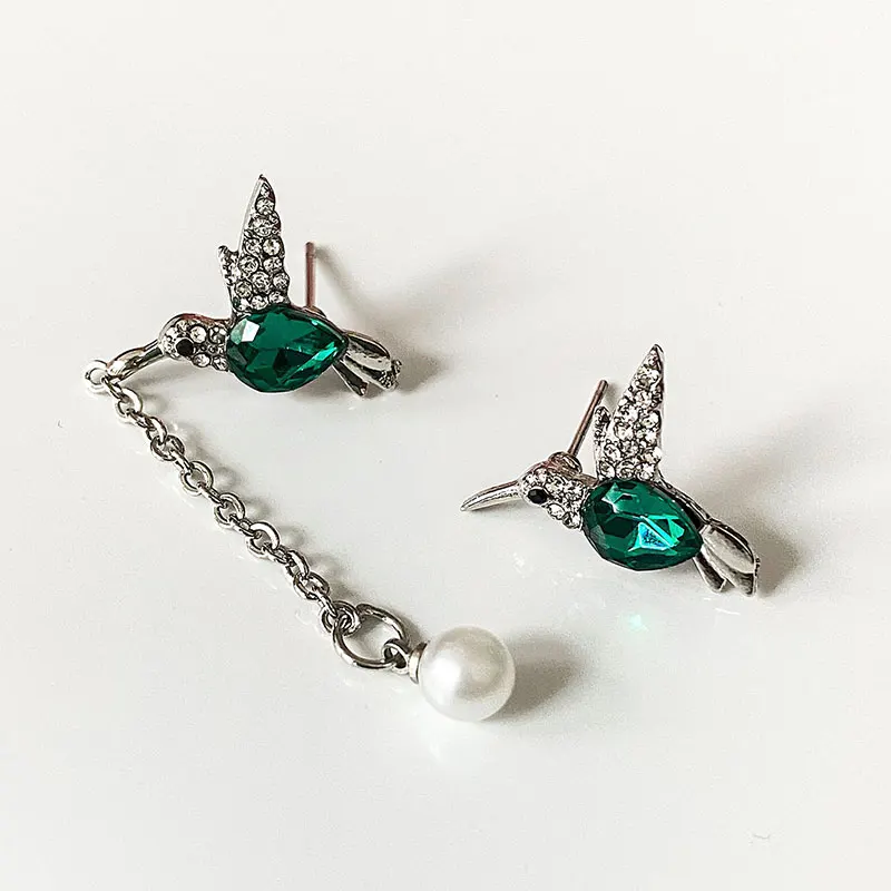 

Unusual Asymmetric Hummingbird Earrings for Women Fashion AAA Crystal Long Tassel Hanging Drop Earrings Female Wedding Jewelry