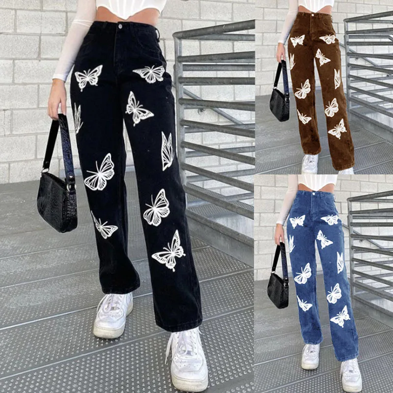 

Women Fashion High Waist Butterfly Print Denim Jeans Stylish Pants for Shopping Daily Casual Wear Straight Trousers
