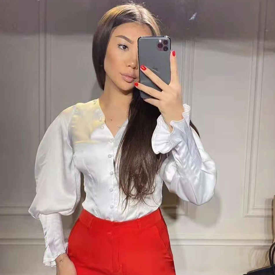 

2020 Autumn New Ladies Single-Breasted Button Puff Sleeve White Slim Short Blouse Party High Street Office Clothing