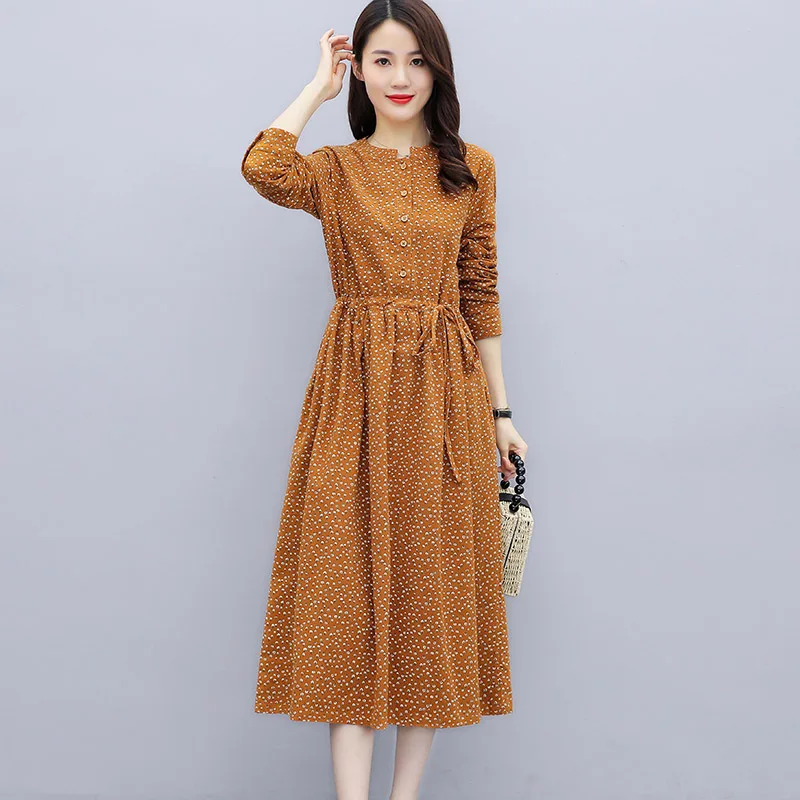 

Korean Style Printed Base Skirt Mid-Length Casual Temperament Waist-Controlled Long Sleeve Cotton and Linen Dress Spring Autumn