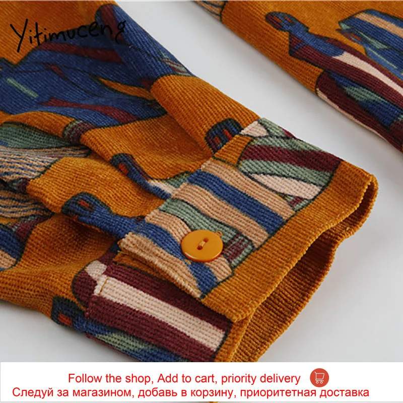 

Yitimuceng Vintage Print Blouse Women Shirts Loose Spring 2021 New Long Sleeve Single Breasted Turn-down Collar Corduroy Tops