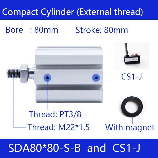 

SDA80*80-B Free shipping 80mm Bore 80mm Stroke External thread Compact Air Cylinders Dual Action Air Pneumatic Cylinder