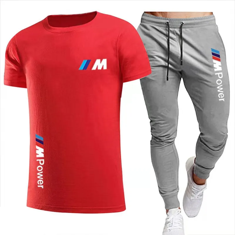 

Men's sportswear suit summer short-sleeved T-shirt trousers running training round neck printing casual wear two-piece new