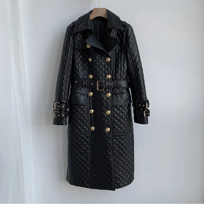 Chic women's Winter sheepskin Real leather Trench coat High quality Genuine leather double-breasted overcoat C778