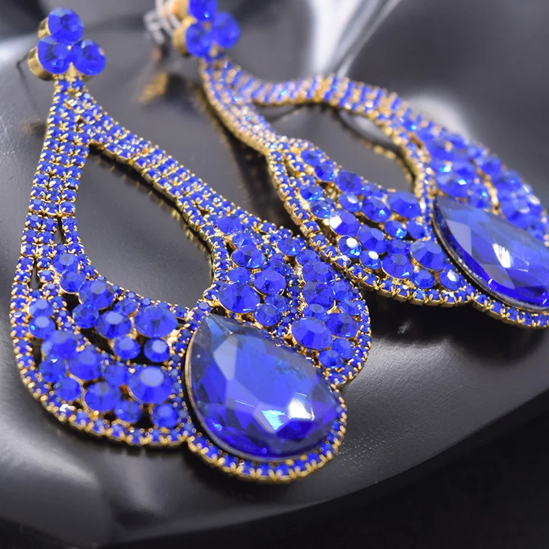 Женские длинные серьги-подвески с сапфировым стеклом стразы большого размера