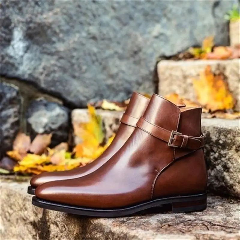 

Men Fashion Trend British Dress Shoes Handmade High-grade Brown PU Pointed Toe Low-heel Belt Single Buckle Ankle Boots KF640