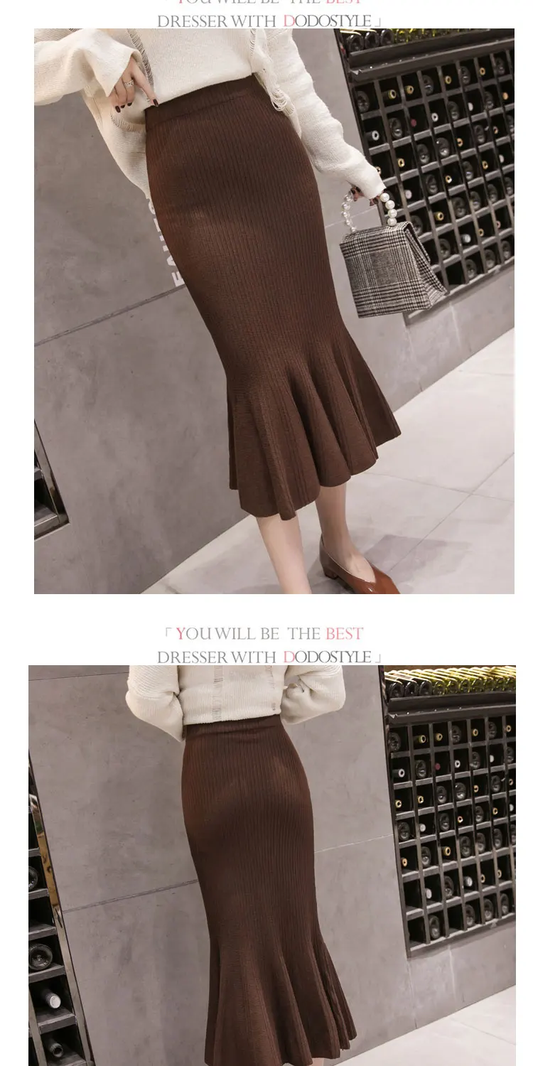 New Elegant Autumn Winter Knit Skirts Women Sweater Bodycon Mermaid Office Lady Work Wear Ruffles Skirt Chic saias faldas
