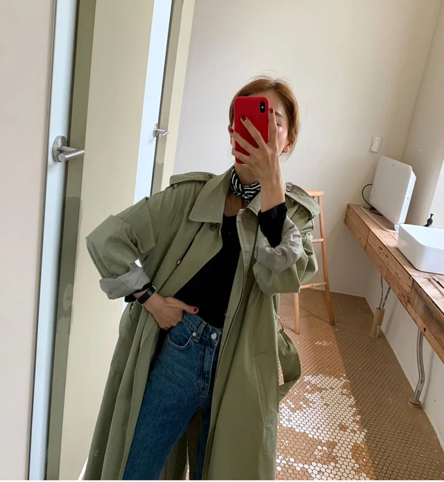 Женский Длинный тренчкот с длинным рукавом Корейская верхняя одежда свободная