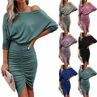 2021 autumn winter new long sleeved womens mid skirt sexy solid color vestidos off shoulder slim fit pleated buttocks dresses