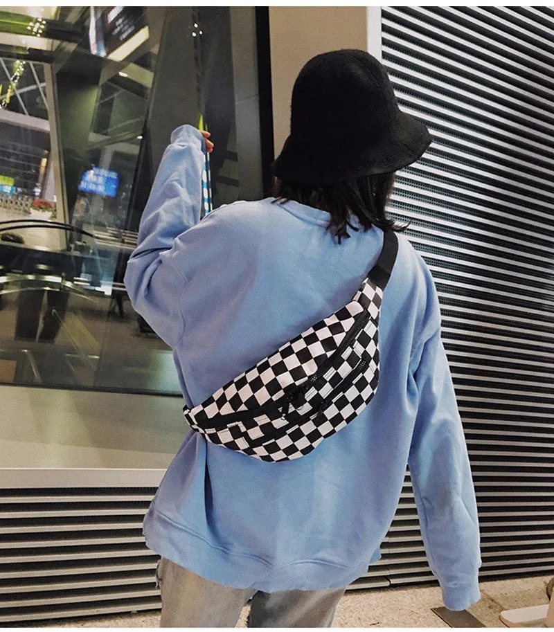 

Checkerboard black and white Lattice Waist Bag Women 2021 New Fashion Messenger Small bag Canvas Chest Bag Double Zipper Bag