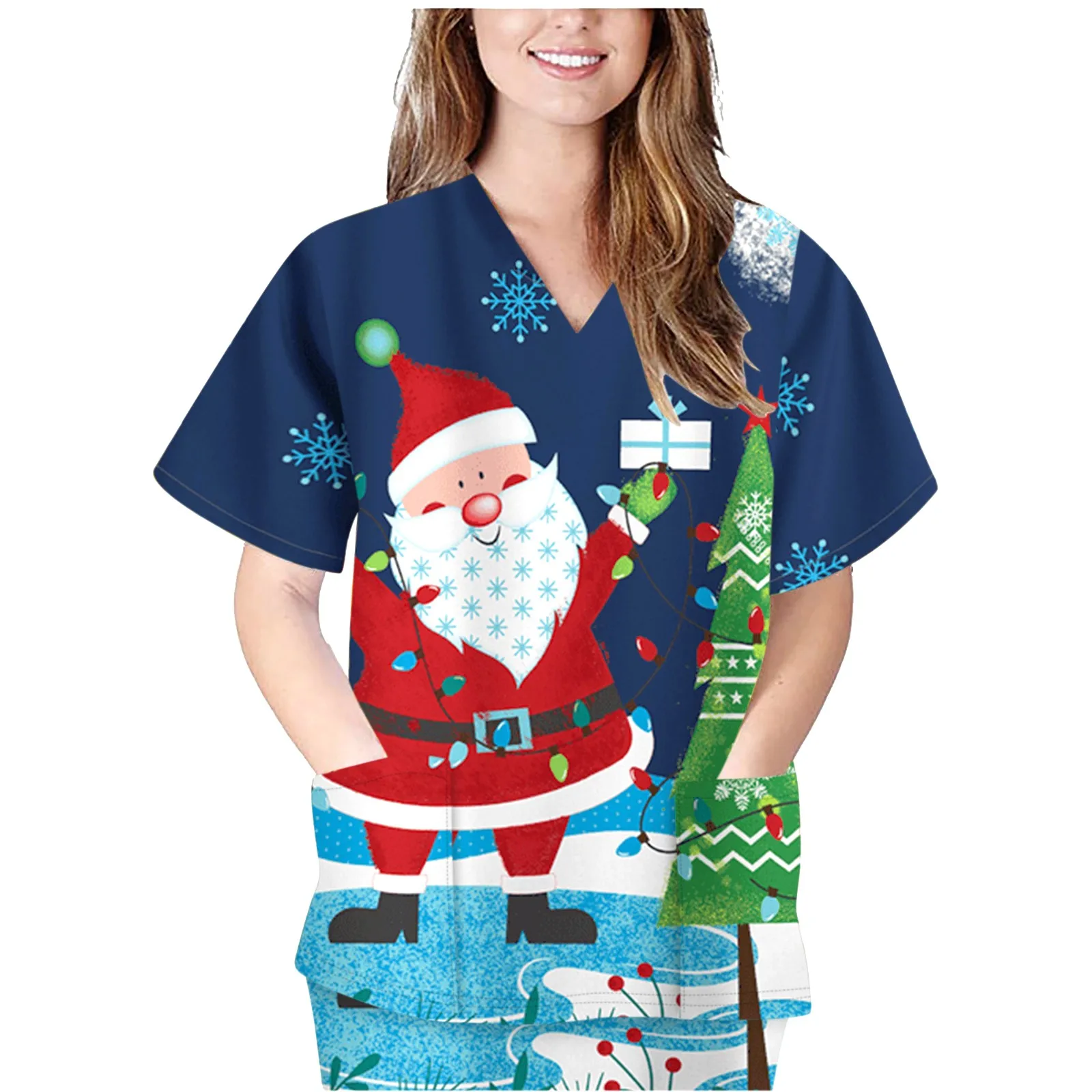 Noel baskı hemşirelik Scrubs Tops Carer T Shirt kısa kollu kadın Scrubs üniformaları hemşire v yaka cep üniforma elbise