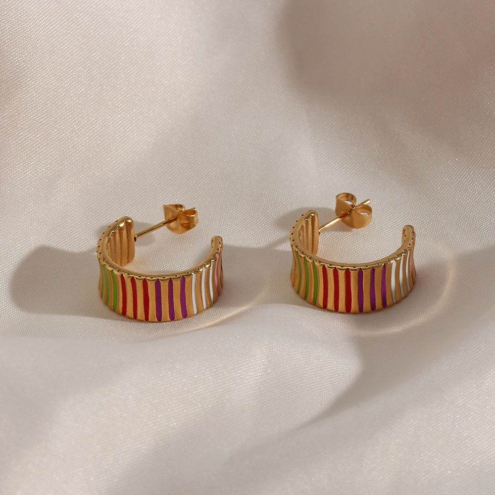 

Trendy Colorful Stripe Stainless Steel Gold Plated C Shape Ear Studs Earrings For Women Girls Best Gifts Party Cute Jewelry