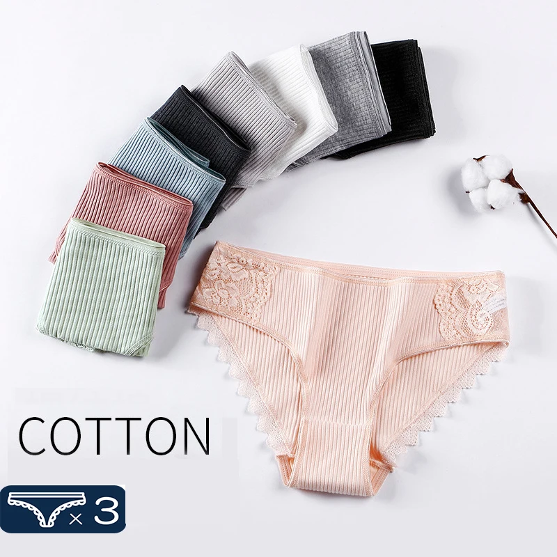 

3Pcs/lots Woman Cotton Panties Sexy Intimates Briefs Strip Female Underpants Breathable Lace Thread Panty Pink Underwear