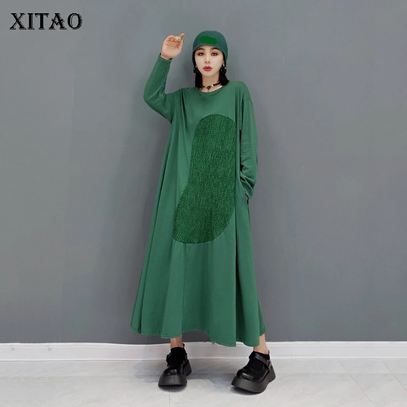 

XITAO New Women Dress Casual Splicing Loose Fashion Simplicity O-neck Collar Pullover All-match 2021 Autumn Winter GWJ1506