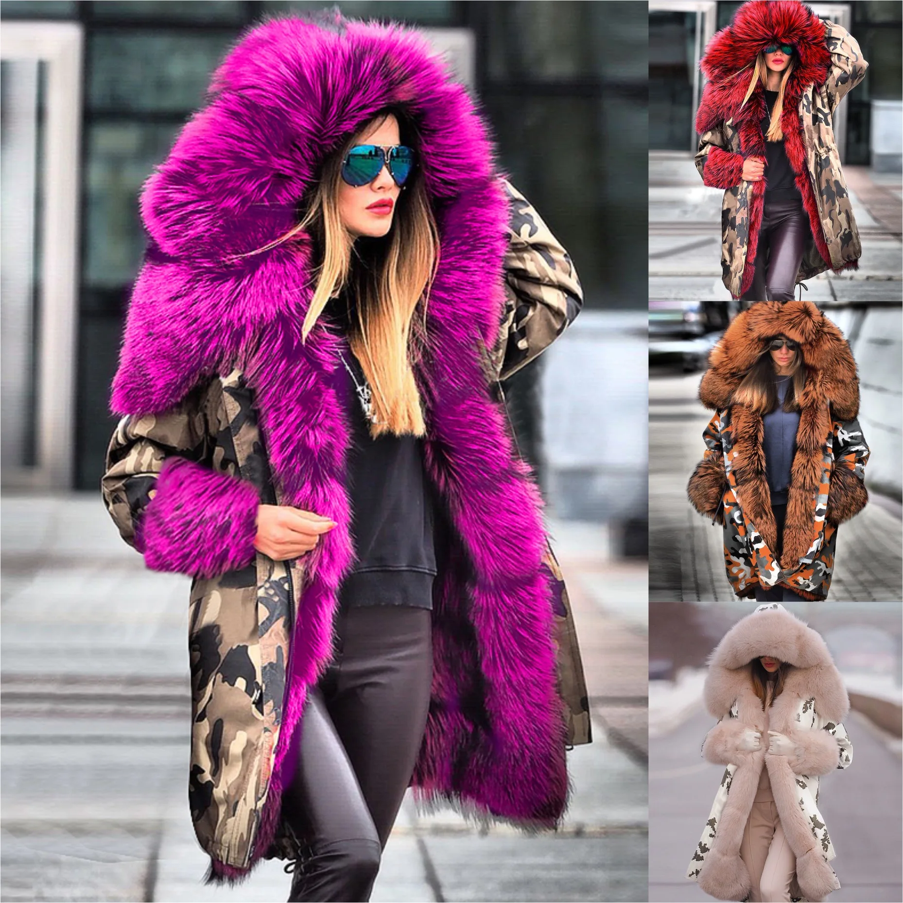 Women's Cotton Clothing Winter Fashion Women's Warm Loose-Fitting Coat Hooded Coat Fur Collar Cotton Coat Street Hipster Coat