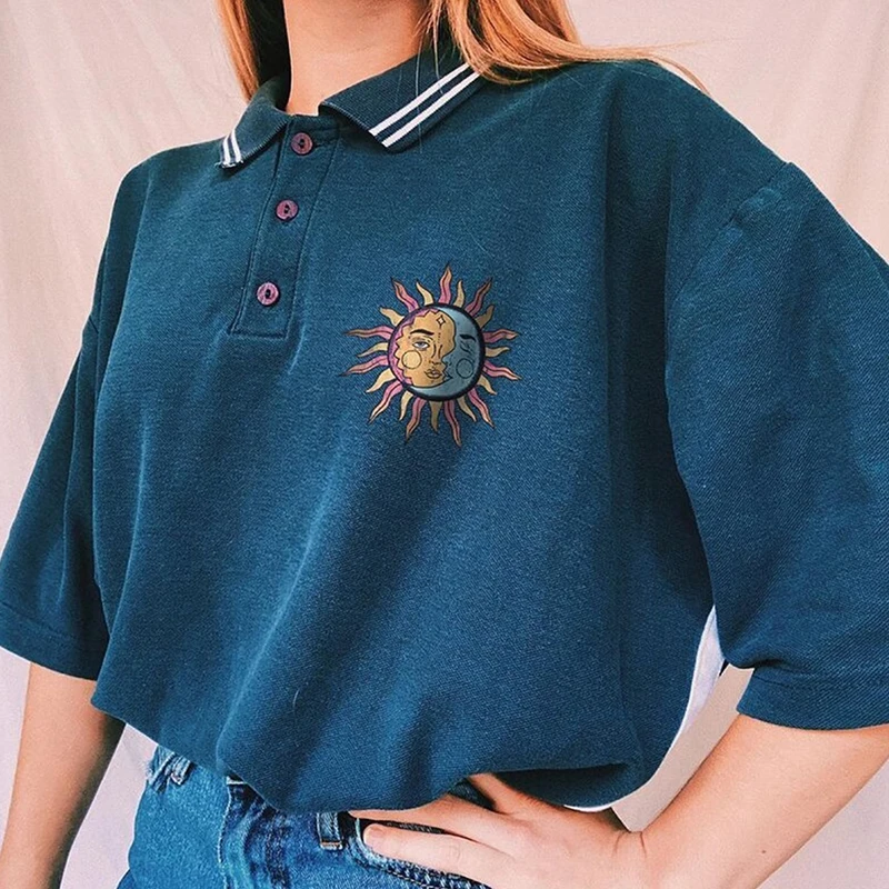 

Женские рубашки в стиле преппи с принтом Чи и Луны, американский винтажный стиль, свободная футболка с воротником поло, новые летние модные ...