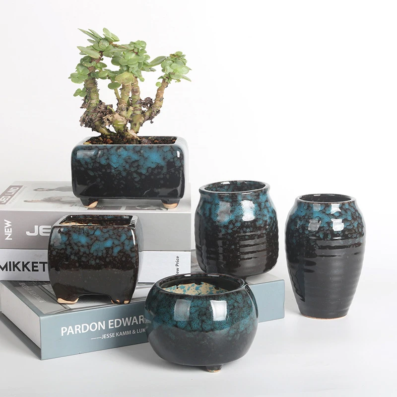 

Яркая глазурованная синяя керамика в Корейском стиле, искусственное зеленое растение в пасторальном стиле для дома, балкона, креативное Са...