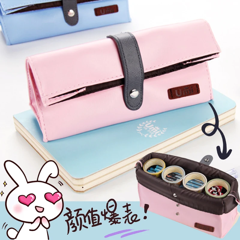 Kawaii простой кожаный большой чехол для карандашей девочек сумка ручек большая