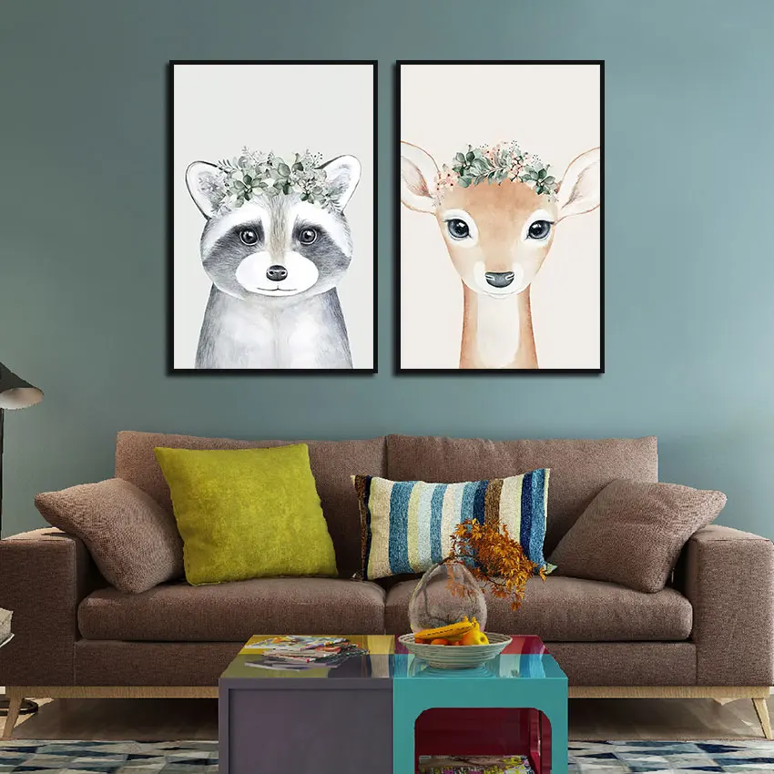 

Cartoon Animal Poster In Nursery Wreath Deer Canvas Painting Children Room Decoration Picture Wall Art for Kids Room