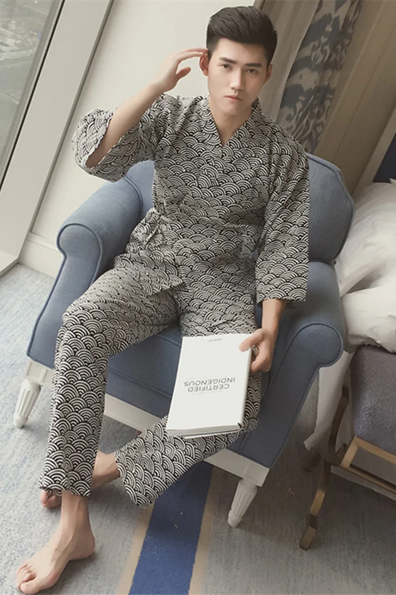 Хлопковый двухслойный марлевой плотный и мягкий мужской комплект кимоно в