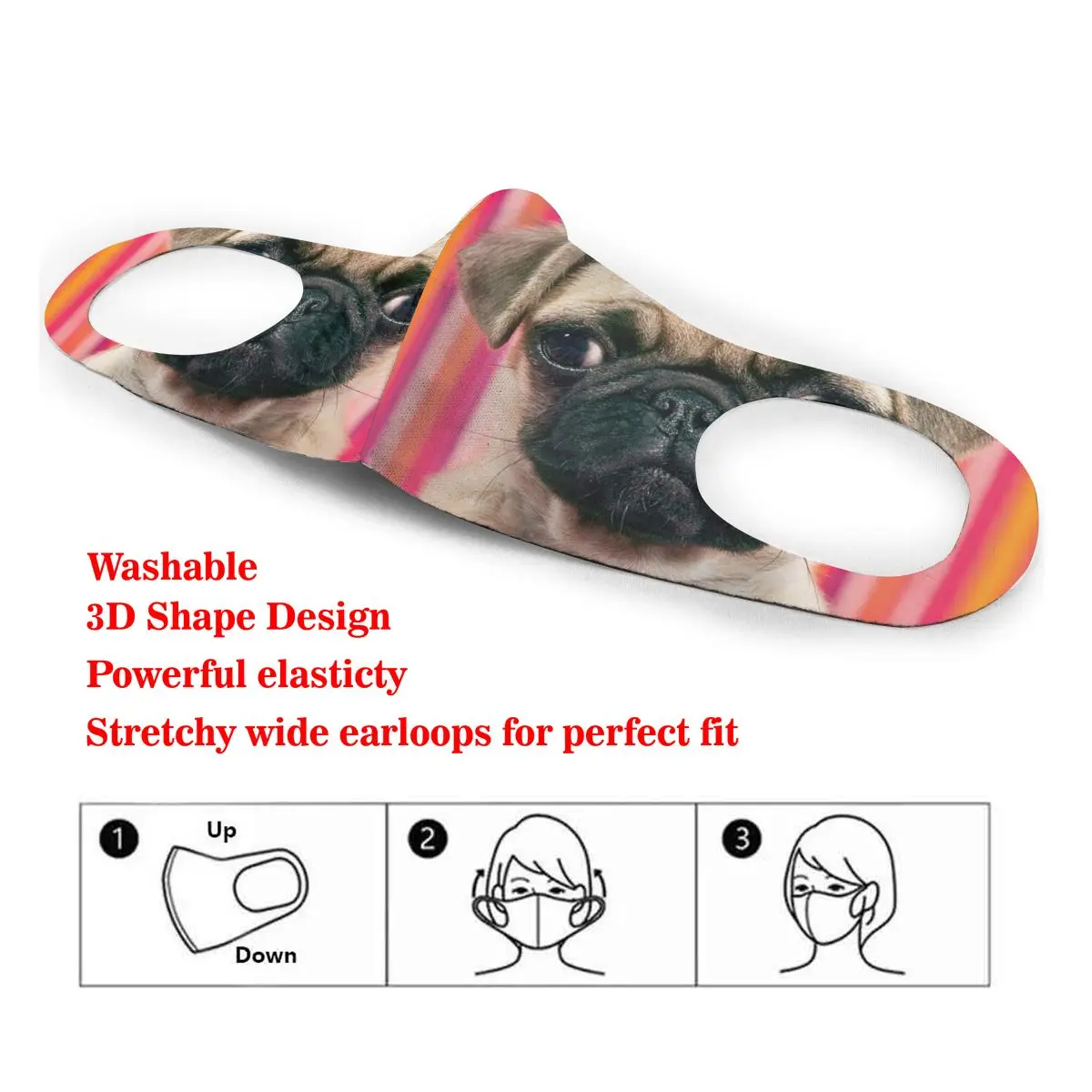 

Sad Pug Head Print Dust Mask Mouth-Muffle Washable Fabric Adult Protective Face Windproof