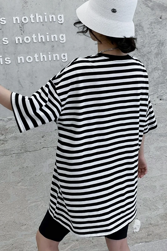 

QING MO Women Black And White Striped T Shirt 2021 Summer Women Cartoon T Shirt Female Mixture T Shirt ZQY7256