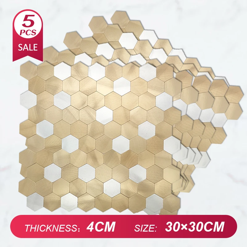 

5PCS Metal Self-Adhesive Wallpaper Panels Stickers Home Decor For Kitchen Bedroom Bathroom TV Backdrop Waterproof Hexagon DIY #