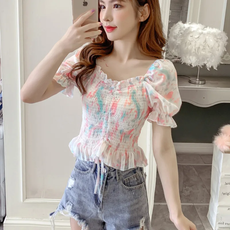 #2034 розовая фиолетовая желтая короткая шифоновая блузка женская с коротким