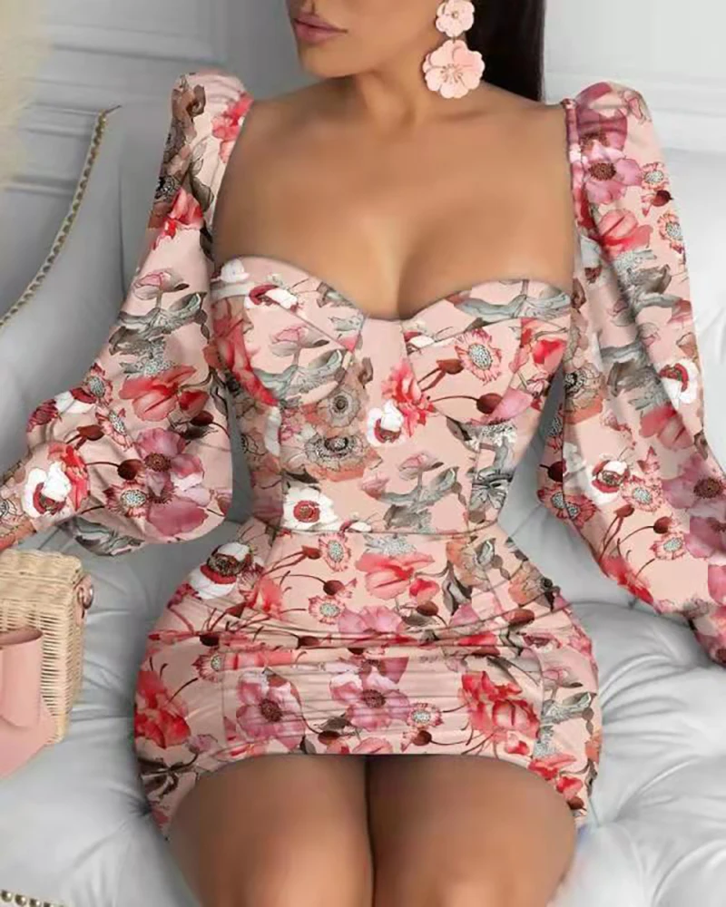 

Autumn Women Print Floral Dress Puff Sleeve Slim Fashion Square Collar Pink Sheath Mini Sexy Office Party Dresses 2021 New