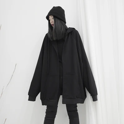 Женский Свободный свитшот с большими карманами Черный капюшоном куртка-накидка