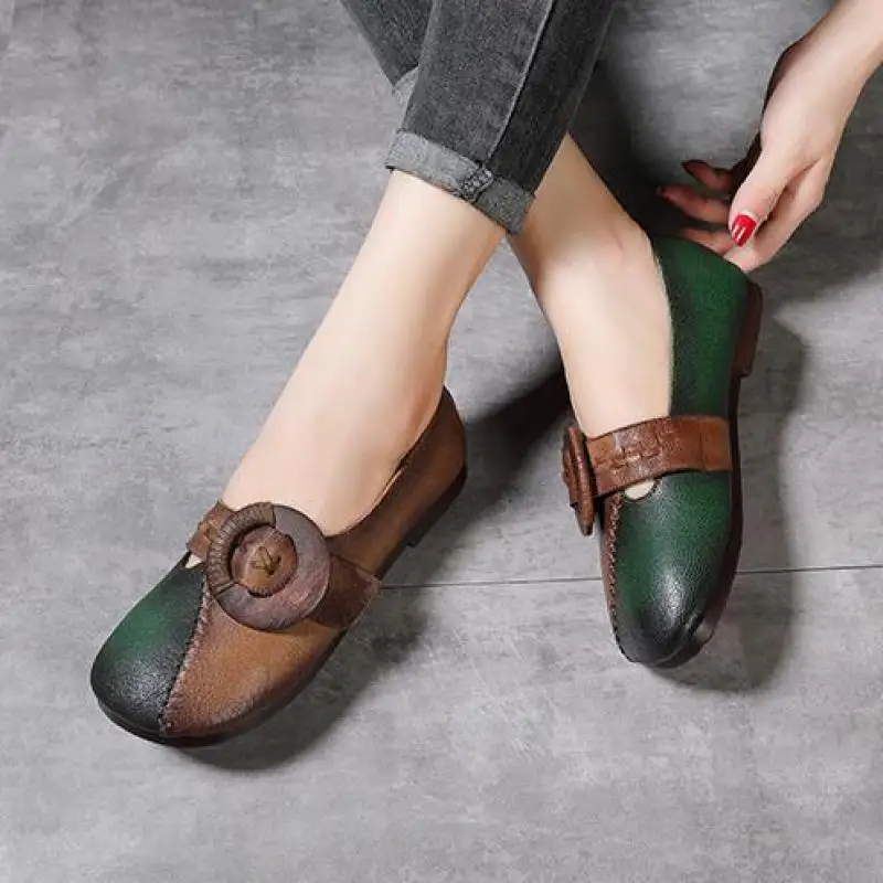 

Женские туфли из натуральной кожи на плоской подошве, разноцветные лаконичные туфли с круглым носком в стиле ретро для отдыха ручной работы...