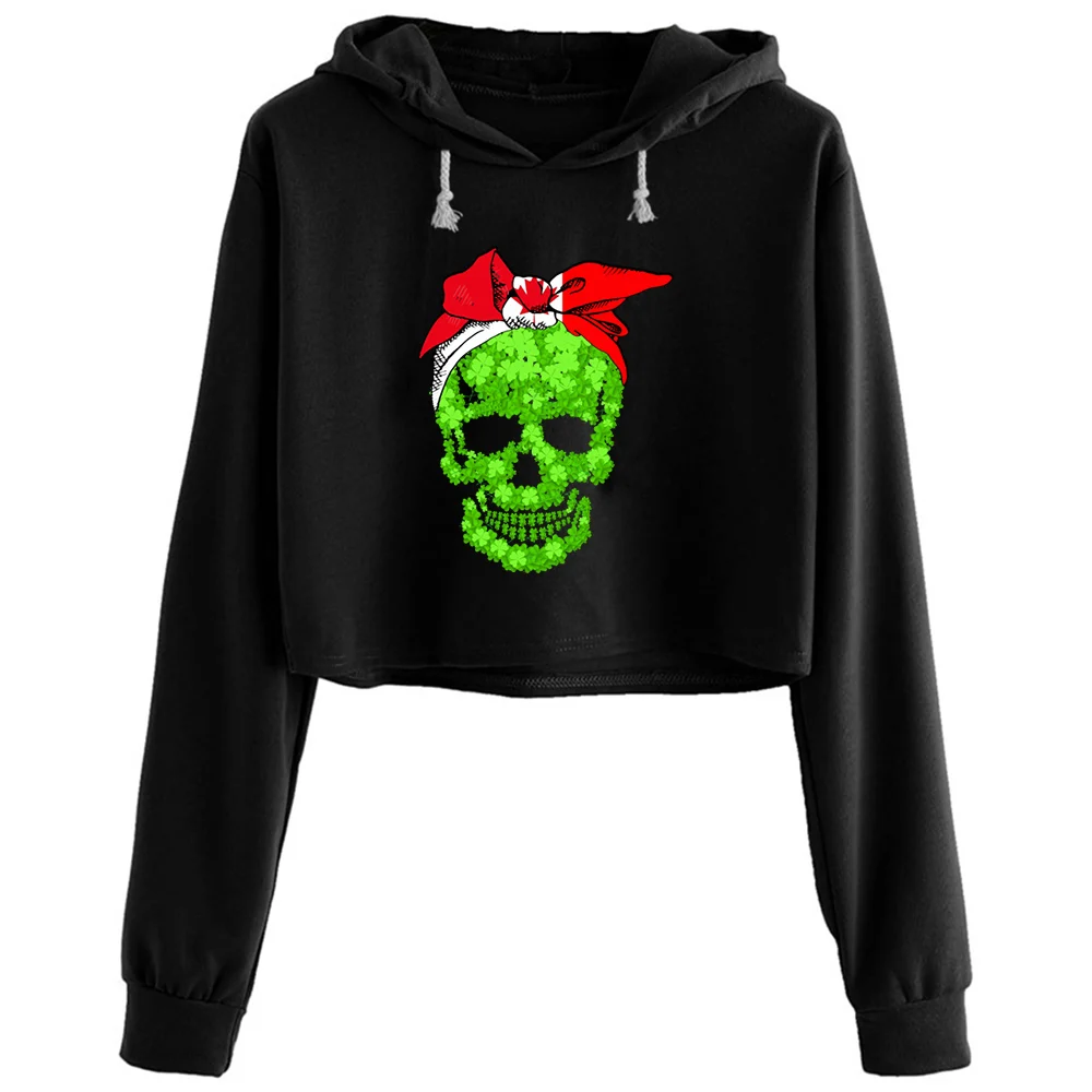 

Skull Shamrock With Leopard Turban Flag Canada St Crop Hoodies Women Kpop Korean Y2k Kawaii Pullover For Girls