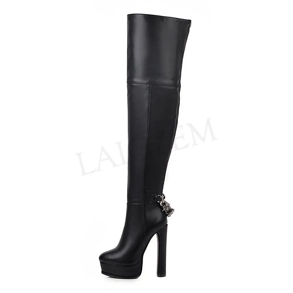 LAIGZEM Handmade Women's Thigh High Boots Platform Thick Heels Over Knee Side Zip Shoes Botas Botines Scarpe Large Size 42 43