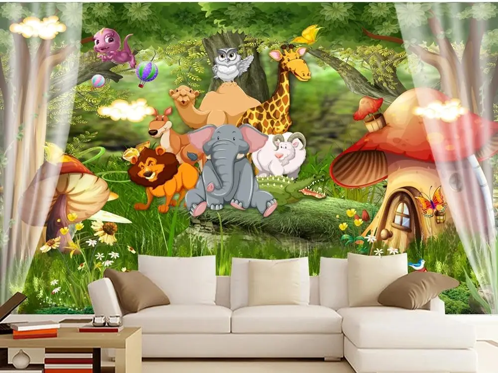 

New Custom 3D Large Mural Wallpaper Original cartoon Fresh Animalmobilization forest children's room TVBackground living Bedroom