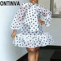 women polka dot organza party dress oversize see through fashion bow collar long sleeves cake skirt sweet sexy celebrity dresses