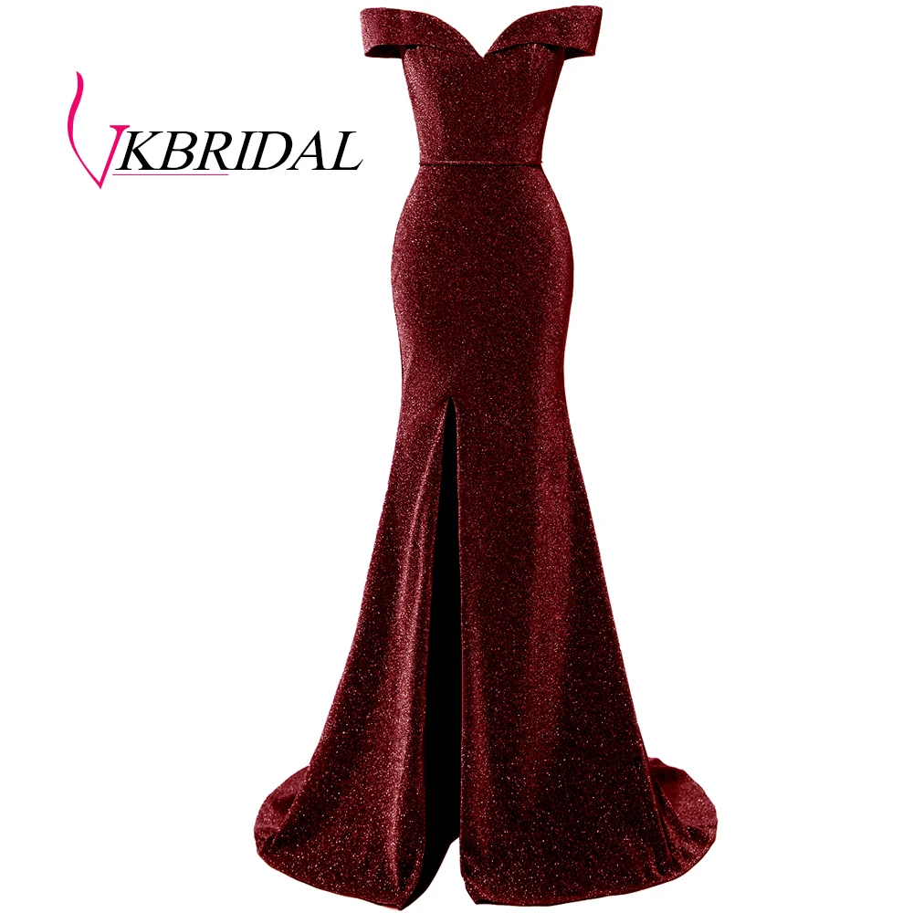 Бургундия VKBRIDAL серое вечернее платье с открытыми плечами сексуальное блестящее платье с разрезом для выпускного вечера - Цвет: Бургундия