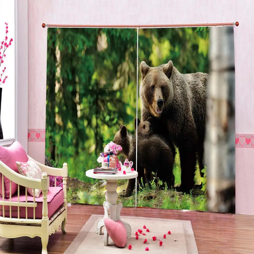 

Nature Decor Curtains Wild Mother Grizzly Bear Protecting Her Babies in Forest Jungle Animal Print Green Brown window curtains