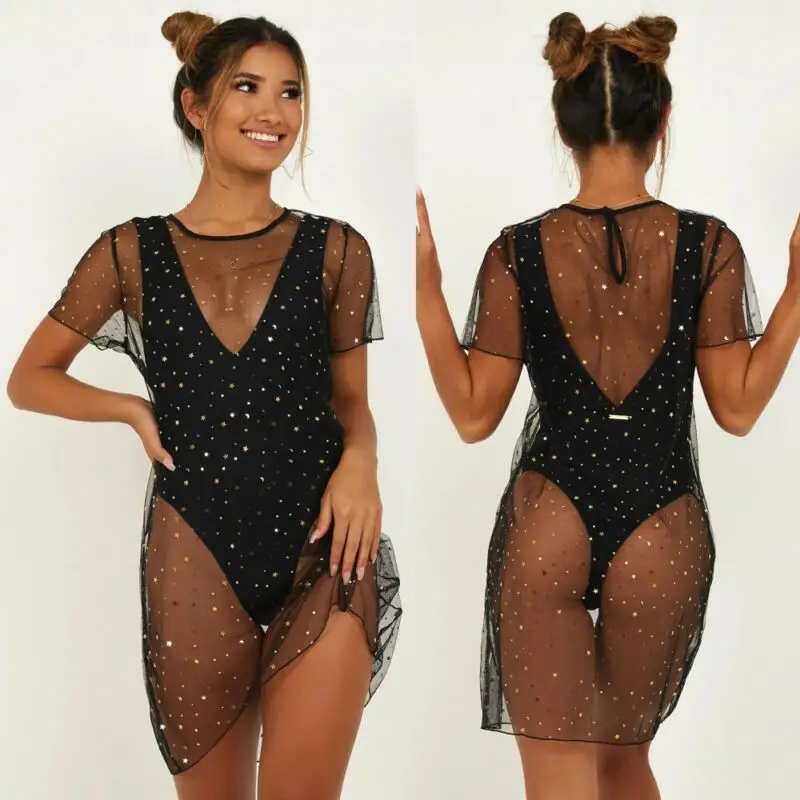 

hirigin Women Sequins Mesh Bikini See Through Short Sleeve Cover Up Swimwear Swimsuit Beachwear Dress Vocation