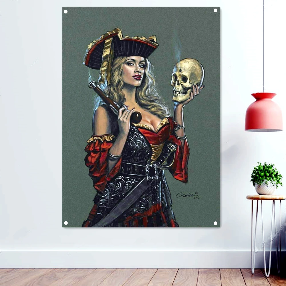 

Female Pirate Flags Movie Poster Skull Banners Wall Hanging Vintage Home Decoration Wall Chart Tapestry With Four Metal Buckle